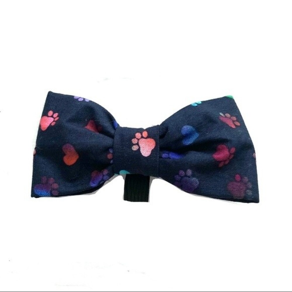 Handmade 1 Dog Bow for Collar Navy w/ Paw Print & Heart Polka Dots 4 x 2 inches